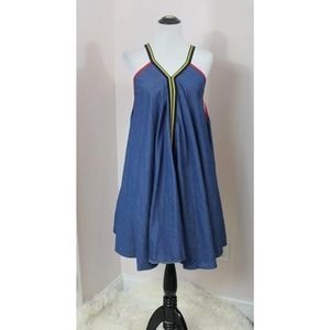 Sleeveless Blue Dress with Multicolor Trim